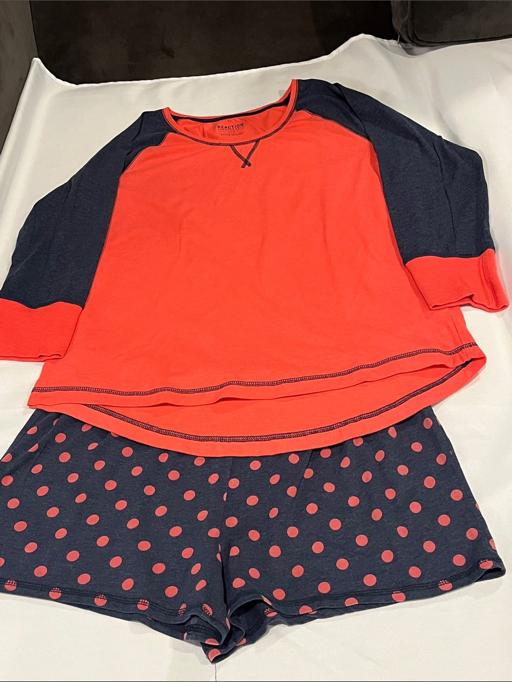 Kenneth Cole Coral Top with Navy Raglan Sleeves Navy Polka Dot Shorts Sleepwear